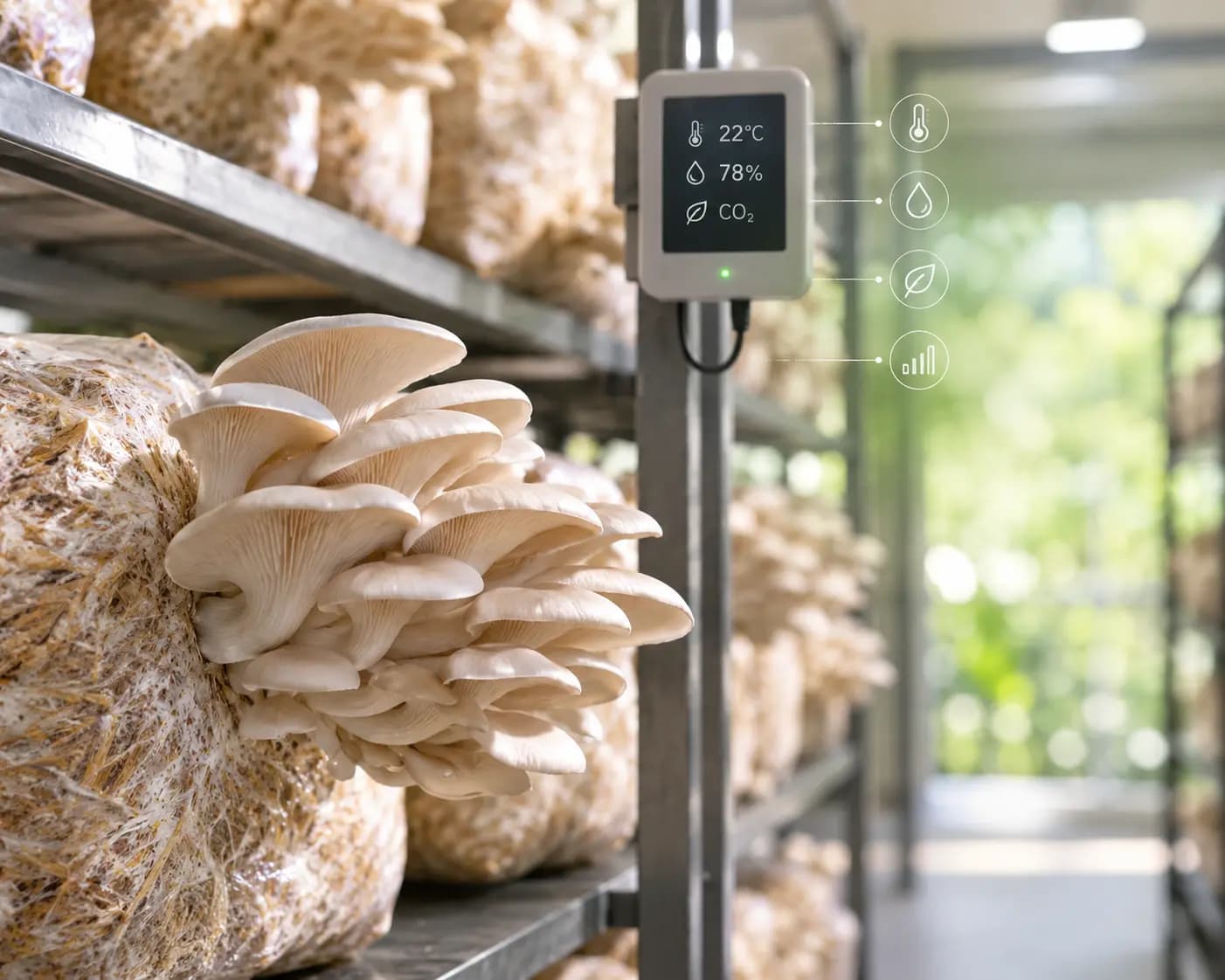An oyster mushroom grow kit with mushrooms fruiting from the box