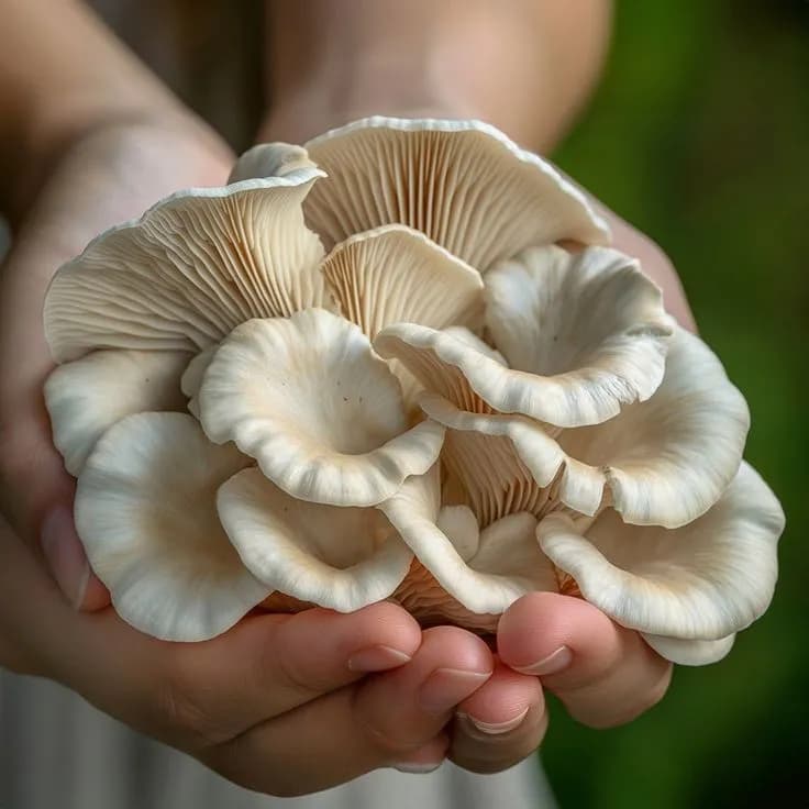 Hands holding a cluster of freshly harvested white oyster mushrooms